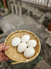 Fresh eggs in the woven basket to stream at the hot spring