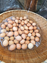 Fresh eggs in the woven basket to stream at the hot spring