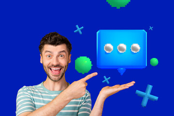 Exclusive zine art pop trend collage of happy girl guy stand bubble correspondence cv icon webpage chat dialogue conversation