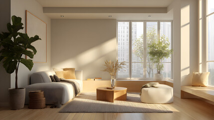 Fototapeta premium Sun-Filled Minimalist Interior with Soft Lighting and Neutral Tones
