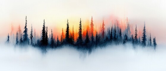 A stylized, abstract depiction of a forest silhouette with tall evergreen trees emerging from a misty fog, set against a colorful sunset sky.