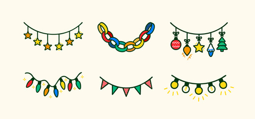 Colorful Holiday Garlands and Lights Vector Set. Cute festive vector set with Christmas garlands, bunting, ornaments, and colorful string lights on a light background. Vector graphic set