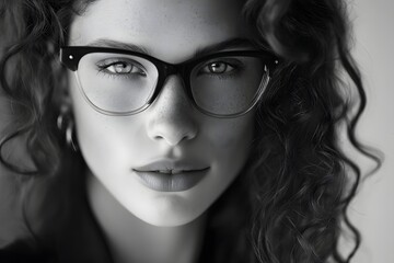 Fototapeta premium Close-up portrait of a beautiful woman with glasses and curly hair in black and white