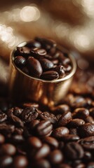Aromatic roasted coffee beans fill a golden container, with warm, glowing bokeh in the background creating a cozy atmosphere.