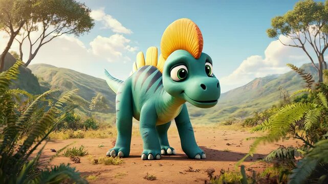 A friendly cartoon dinosaur walks in a lush prehistoric landscape