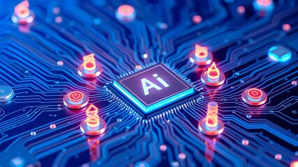 Artificial Intelligence microchip with digital interface icons on blue futuristic circuit board, AI and data network concept. 3d Rendering - Powered by Adobe