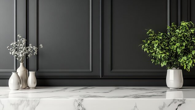 Luxurious dark paneled wall with white marble surface and elegant vases holding dried branches and green plant - Powered by Adobe