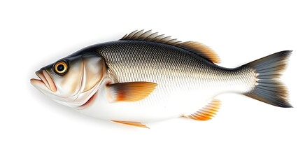 Fototapeta premium Single fresh sea bass fish isolated, food photography on white background.