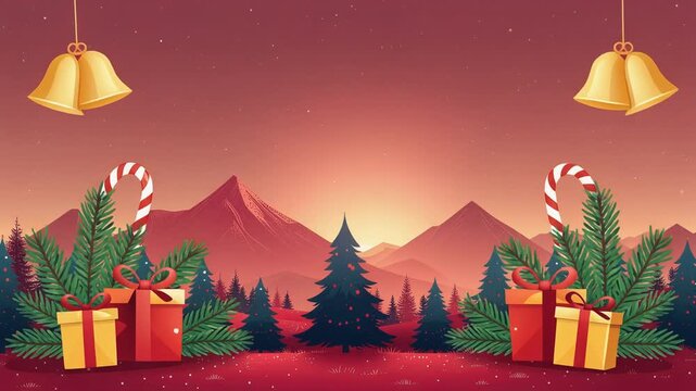 Festive Christmas scene with gifts, candy canes, bells, and a mountain backdrop.