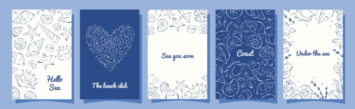 Set of summer nautical vertical cards with typography. Hand drawn seashells, algae, bubbles in italian sketch style. Flat vector illustration. Trendy template for poster, invitation, cover