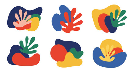 Collection of abstract organic shapes and botanical elements in vibrant colors, creating a modern and playful composition, perfect for adding a touch of nature and creativity