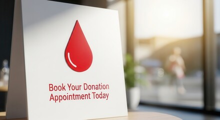 A donation appointment sign featuring a red drop symbol, placed in a bright, modern environment. Ideal for promoting blood donation events.