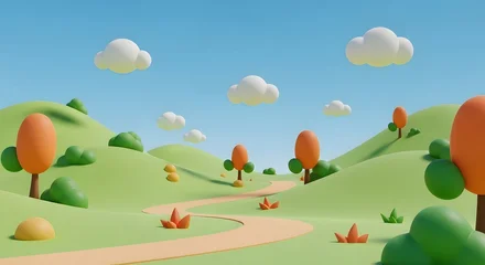 Fotobehang Pistachekleur Simple low-poly landscape with a winding path through green hills and cartoon trees. Minimalistic nature, childhood, and outdoor travel. Stylized scene under a bright blue sky with fluffy clouds.  © Sahriar