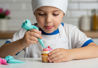Adorable young child chef decorating a cupcake with frosting and sprinkles, tongue out in a kitchen