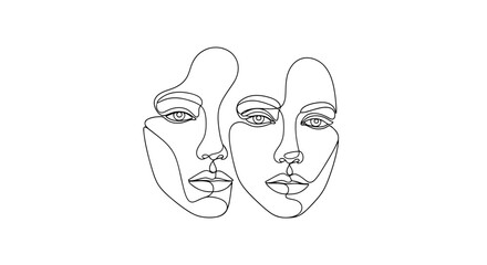 Minimalist continuous line art drawing of two abstract female faces, side by side, representing connection, beauty, and modern artistic expression