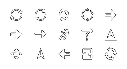 Diverse collection of line art arrow icons, featuring various directional indicators, rotation symbols, and navigation elements, suitable for user interface and graphic design