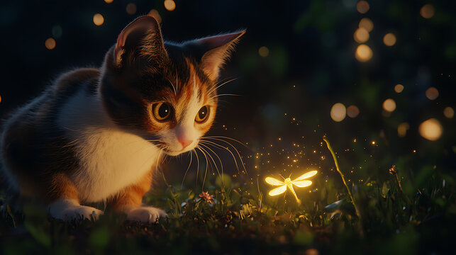 A cat is looking at a dragonfly