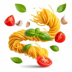 Köstliche Spaghetti in Form einer Spirale schweben mit Kirschtomaten, Knoblauch und Basilikumblättern vor einem weißen Hintergrund.