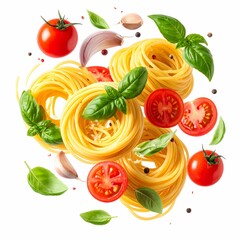 Köstliche Spaghetti mit Kirschtomaten, Knoblauch und Basilikumblättern schweben vor einem weißen Hintergrund.