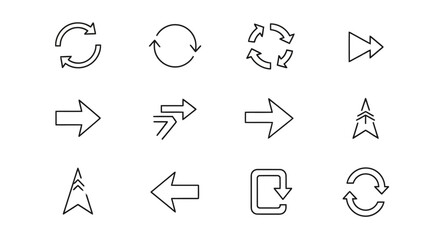 Collection of outline arrow icons representing various actions such as refresh, rotate, forward, play, next, upload, download, directional movement, suitable for user interface and web design