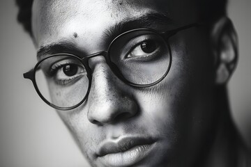 Close up portrait of person with glasses in black and white tones