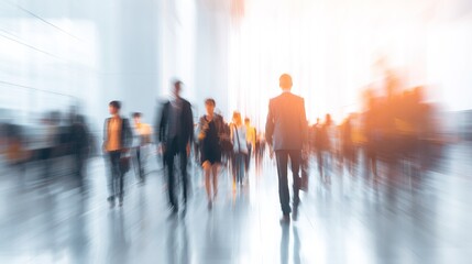 abstract motion blur image of business people crowd walking at corporate office in city downtown, blurred background, business center concept. High quality