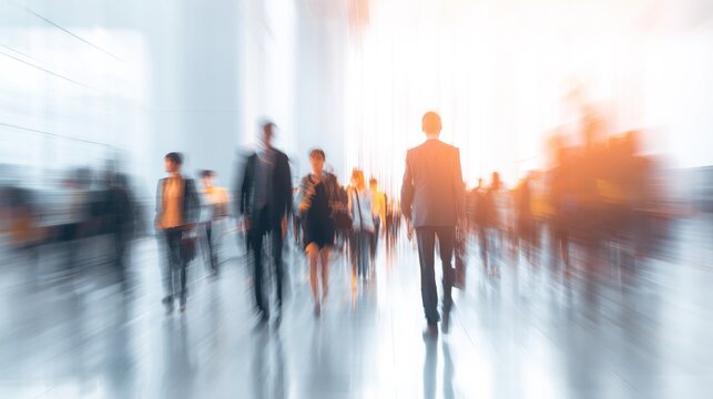 abstract motion blur image of business people crowd walking at corporate office in city downtown, blurred background, business center concept. High quality - Powered by Adobe