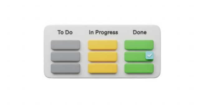 White board with three sections labeled to do, in progress, and done. isolated illustration on  transparent background PNG