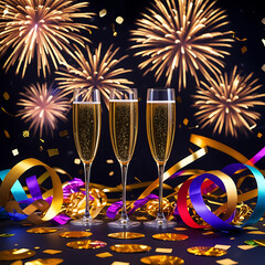 Elegant New Year Celebration with Fireworks and Champagne Glasses.