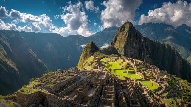 Machu Picchu ruins shimmer under a bright sky, a glimpse of ancient Incan empire, 4k high quality footage