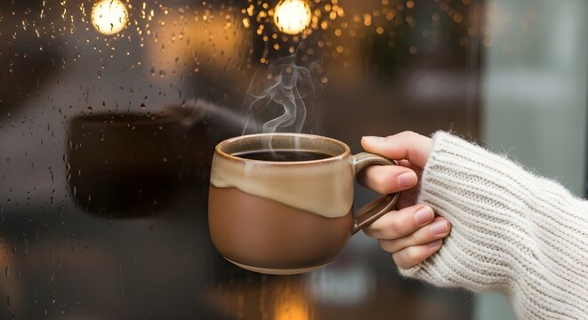 A hand wearing a knitted glove holding a hot cup of coffee with simple latte art, against a soft cafe background (bokeh). - Powered by Adobe