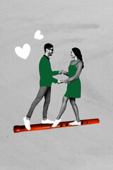 Vertical pop art trend banner collage of two happy lovers girl guy dance flute party celebration family day love heart icon