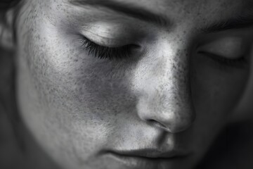 Obraz premium Close-up of a monochromatic portrait showcasing the face of a young woman with freckles