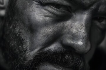 Obraz premium Intense close-up of a person's face with a determined expression in monochrome