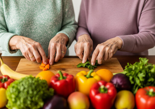 Two senior women preparing fresh vegetables and fruits for a healthy meal together