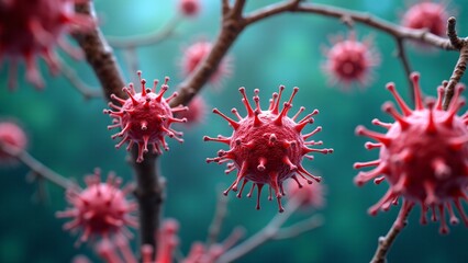 Red Spiky Virus Particles on Branches