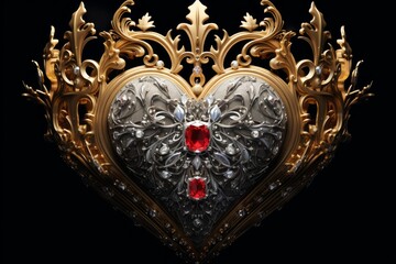 Luxurious regal heart shaped crown adorned with red gemstones and sparkling diamonds on black