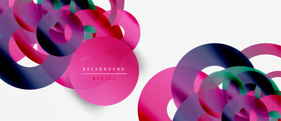 Abstract colorful overlapping circles create dynamic background. Modern design features gradients, shapes, text elements. Minimalist aesthetic.