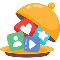 Golden Serving Cloche Unveiling Colorful Social Media Icons Including Play Button Like Heart Follow Person Star Over White Background