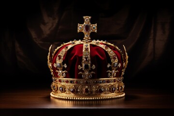 Golden crown ornamented with jewels and red velvet representing royalty and leadership