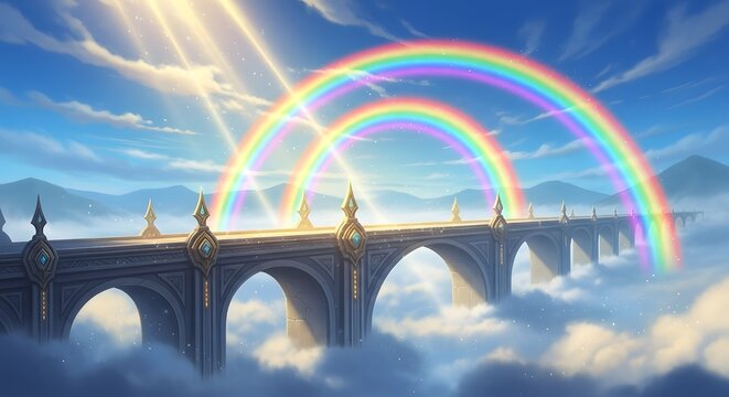 Majestic ornate bridge over a sea of clouds under double rainbows and bright sunbeams. Heaven's path, spiritual journey, and hope. Stone structure over a misty cloudscape towards the light.