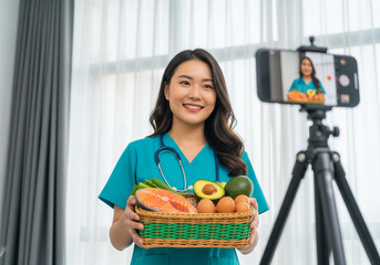 Smiling nutritionist vlogging healthy diet tips with fresh food and smartphone on tripod.