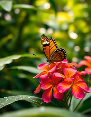 Obraz premium Butterfly on Pink Plumeria Flower