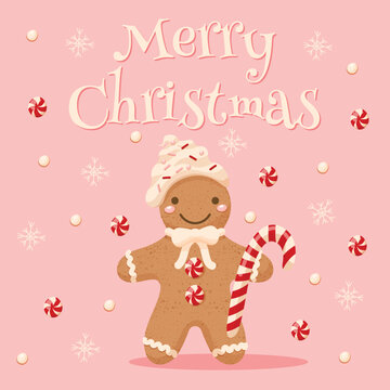 ginger man, cacke, cookie, xmas, candy man, christmas, vector, bunner, postcard, card, pink