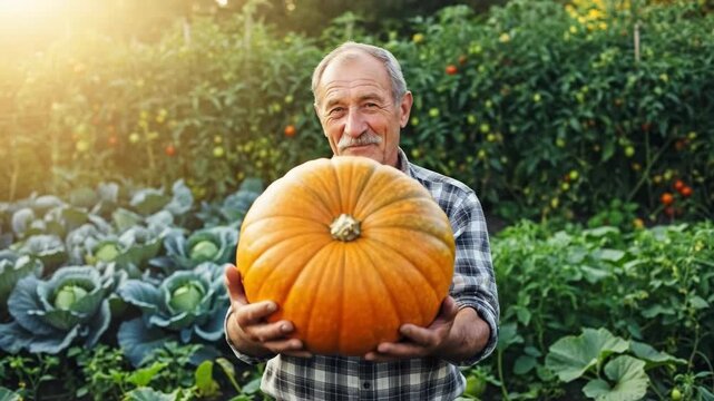 Elderly farmer showcasing harvested giant pumpkin in vibrant sunlit garden