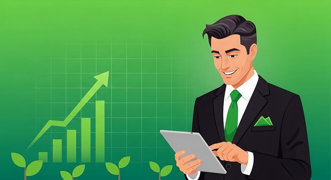Businessman Analyzing Growing Green Investments on a Tablet Computer Screen
