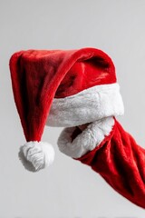 Red and white Santa hat held by hand on a neutral background, symbolizing Christmas cheer and festive celebration.
