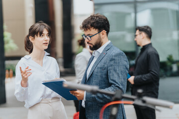 Two colleagues are engaged in a discussion regarding work while sharing a document outdoors.