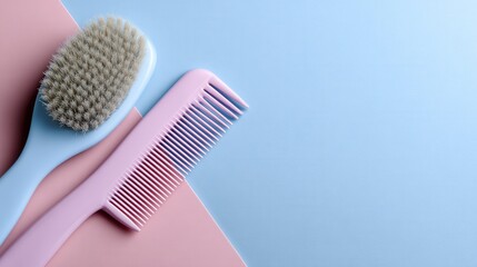 A hairbrush and comb placed on a pastel pink and blue background, ideal for beauty and grooming themes.