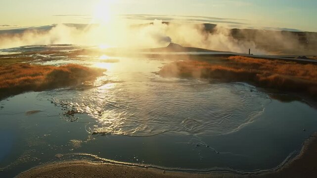 aerial shot of the Geysir geothermal area in Iceland's Golden Circle at sunrise. The footage captures the dramatic landscape as steam rises from the boiling hot springs and geysers, with the sun's ray